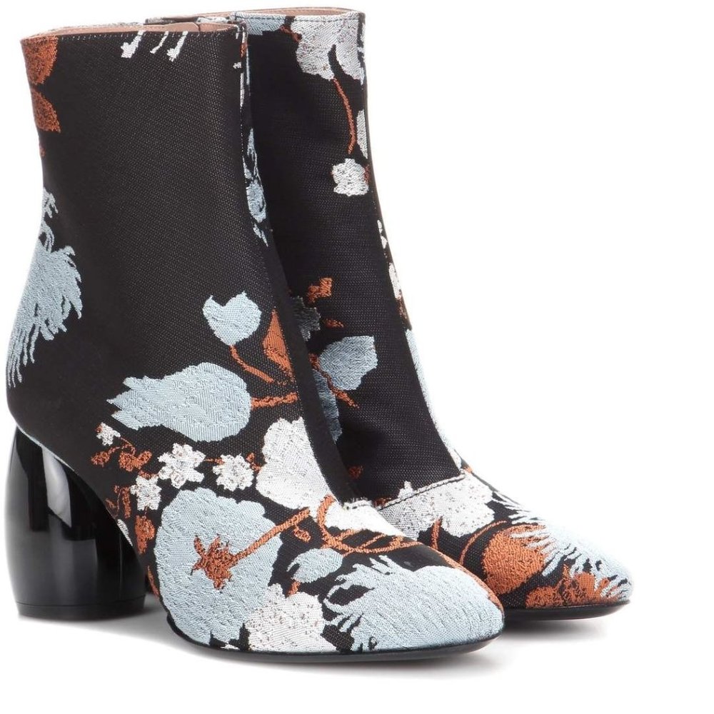 DRIES VAN NOTEN • Floral Jacquard Black Ankle Boots with Sculpted Heel • 8 38.5